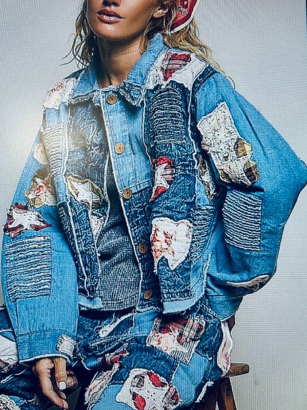 POL Star Heart Multicolor Mixed Patchwork Panel Relaxed Denim Jacket NWT